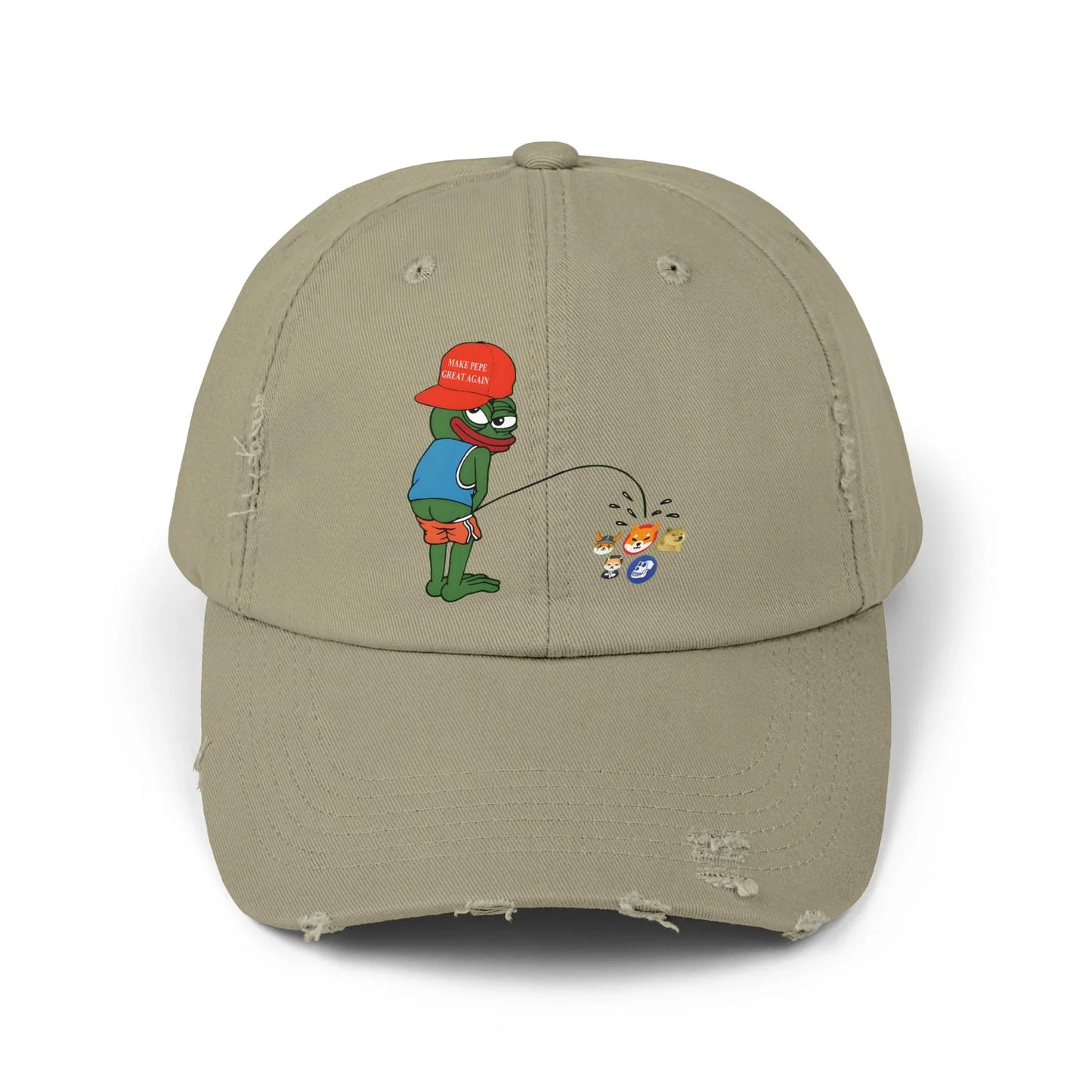 Pepe Memecoin Pissing On Competition - Cap Light Olive One size Hats crypto-vibes.com