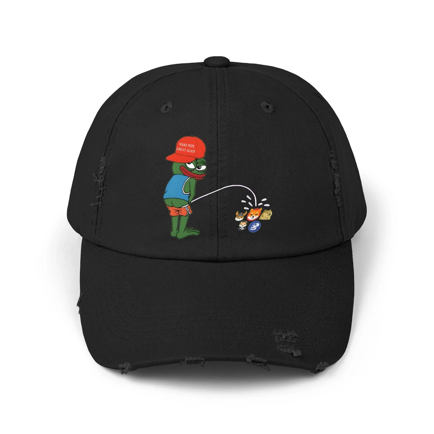 Pepe Memecoin Pissing On Competition - Cap Black One size Hats crypto-vibes.com
