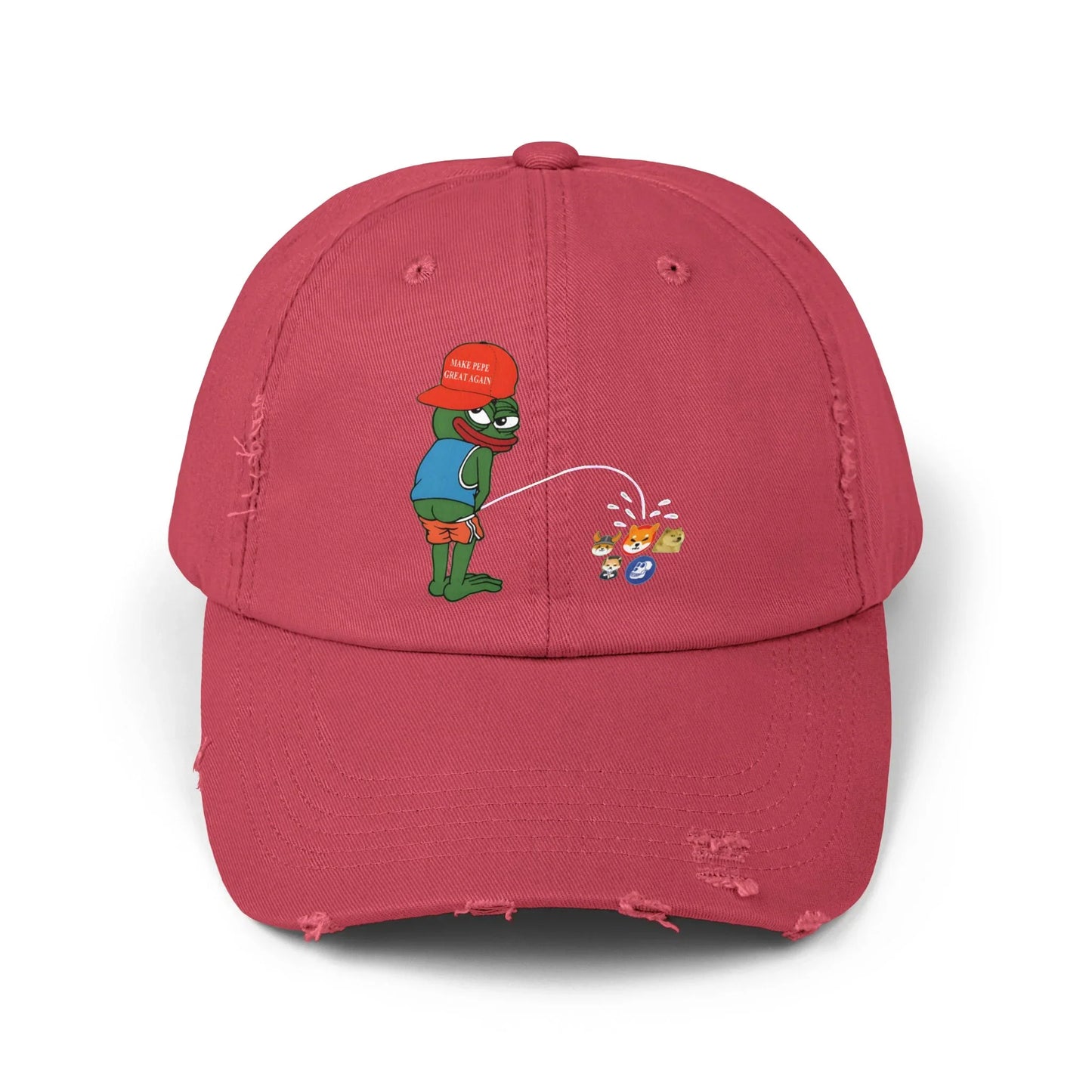 Pepe Memecoin Pissing On Competition - Cap Dashing Red One size Hats crypto-vibes.com