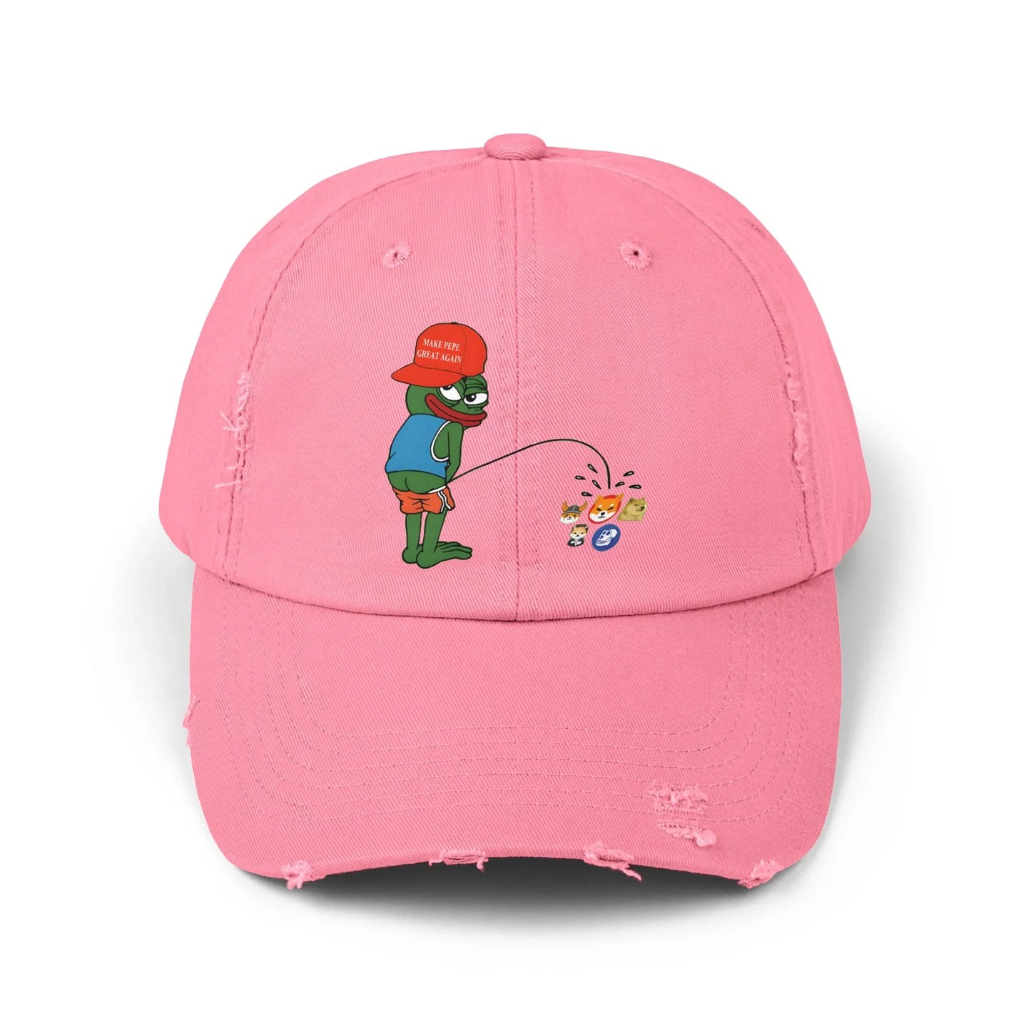 Pepe Memecoin Pissing On Competition - Cap True Pink One size Hats crypto-vibes.com