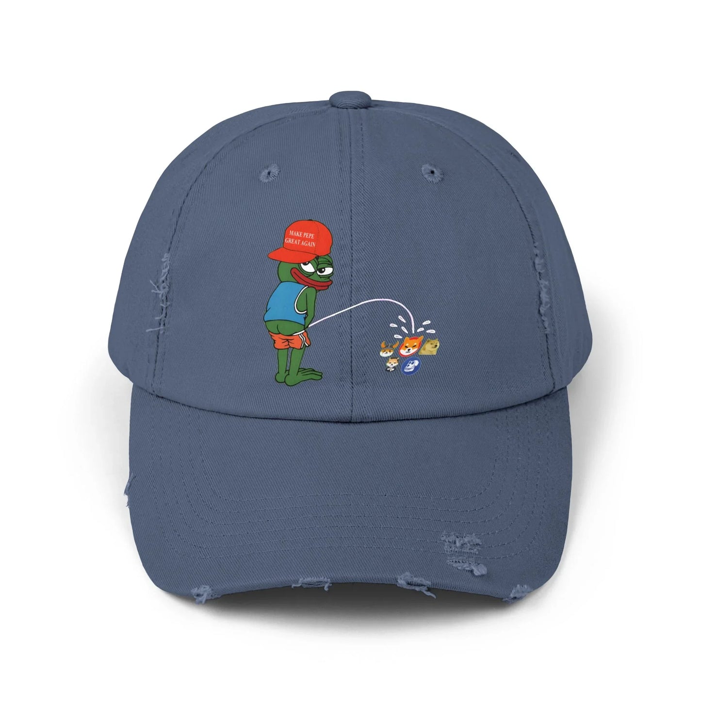 Pepe Memecoin Pissing On Competition - Cap Scotland Blue One size Hats crypto-vibes.com