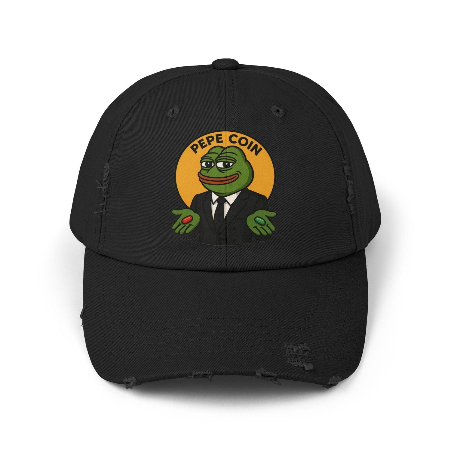 Distressed Cap Pepe Memecoin Give Choice Between Red And Green Pills Black One size Hats crypto-vibes.com